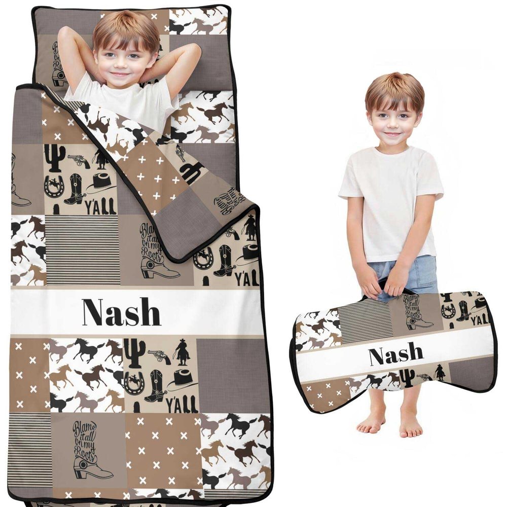 Personalized Western Cowboy Nap Mat Set for Boys Custom Name Toddler Sleeping Bag with Pillow & Blanket Kids Sleep Mat for Preschool, Daycare, Kindergarten