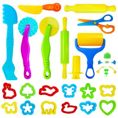 28Pcs Dough and Clay Play Tools Kit for Kids, Modeling Clay Accessories with Animal Cutters, Rolling Pins, Safety Scissors, Dough Extruder & Rollers