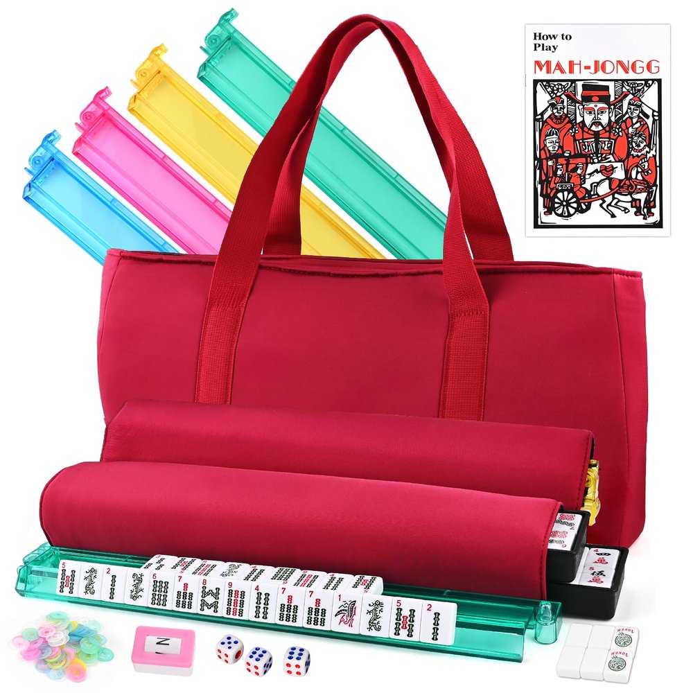 American Mahjong Tile Set  166 White Tiles, 4 All-in-One Color Racks with Pushers, 3 Dice, Portable Red Carrying Bag  Complete Mahjong Game Set