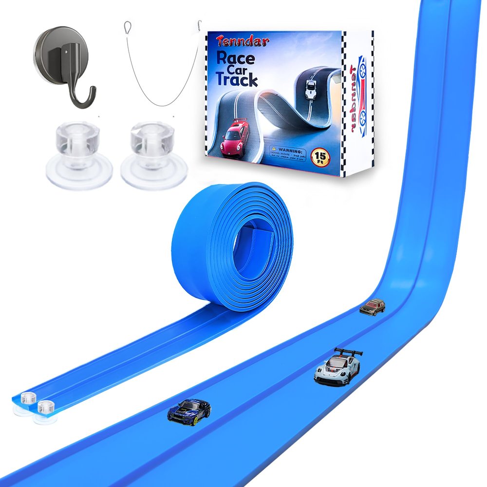 Tenndar Flex Track 15 Ft Starter Set Flexible Race Car Ramp Track for Kids, Double-Sided Racetrack for 1:64 Diecast Cars, Compatible with Hot Wheels, Ages 3 & Up with Suction CupsBlue