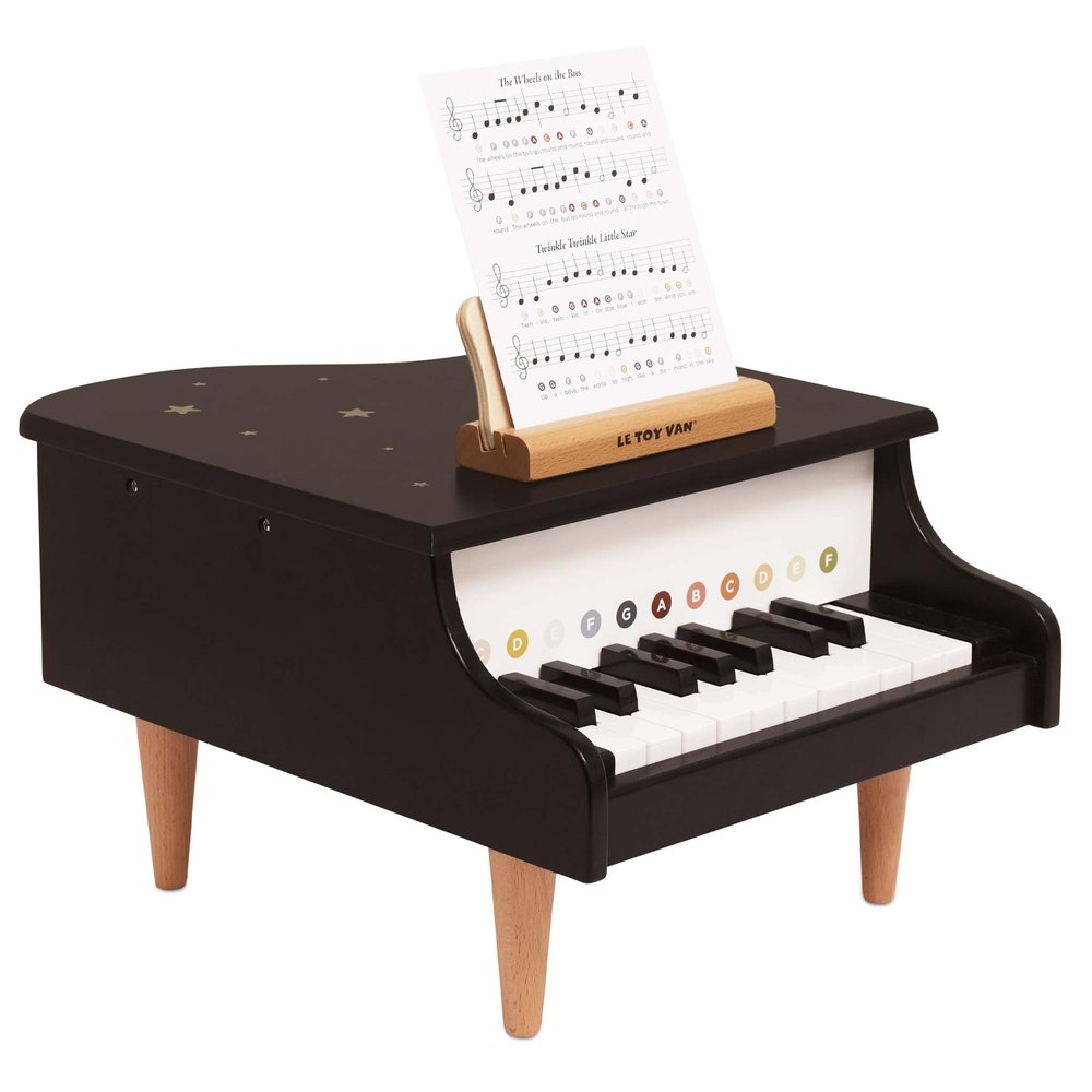 Le Toy Van Wooden Grand Piano  FSC Certified Sustainable Wood  Elegant Black with Gold Star Details  Includes Nursery Rhyme Music Sheets