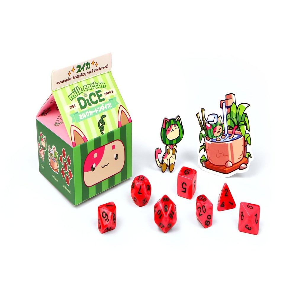 1985 Games Watermelon Cat Milk Carton Dice Set Milk Carton-Inspired Dice for DND | TTRPGs & Tabletop Roleplaying