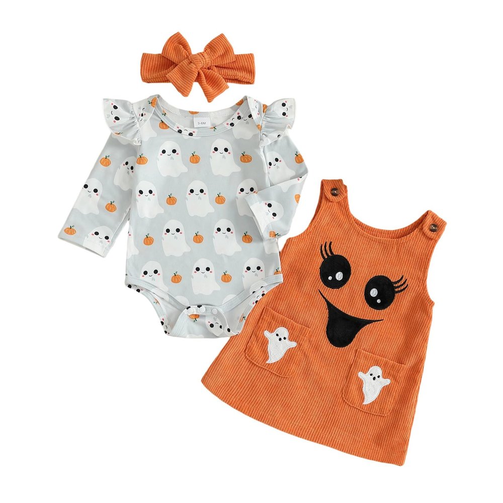 My First Halloween Baby Girl Outfit Pumpkin Ruffle Long Sleeve Romper Overall Dress Headband Cute Fall Clothes (Light Grey Ghost, 12-18 Months)