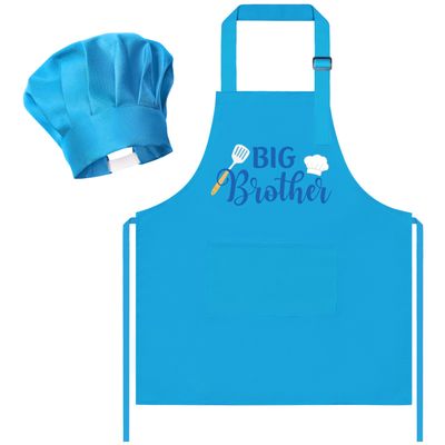 R HORSE Kids Apron and Chef Hat Set - 2Pcs Blue Big Brother Adjustable Children Kitchen Apron, Dress up Role Play Chef Toy Cooking Baking Painting and Training Kit for Boys Funny Cooking Birthday Gift