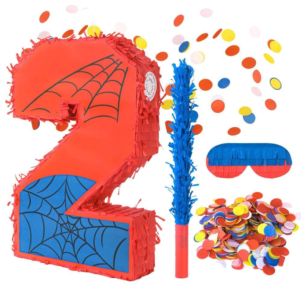 Bonafonso Superhero Birthday Decorations, Number 2 Spider Pinata 16 Inch with Piata Stick, Blindfold, Confetti for Boys and Girls Kids Birthday Party Supplies (2th)