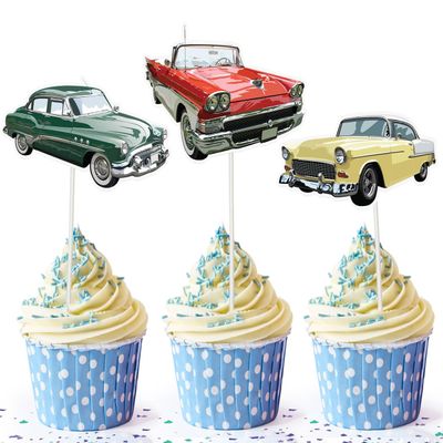 10 Pcs Classic Car Cupcake Toppers Retro Muscle & Vintage Auto Party Decorations for Boys Birthday, Baby Shower, Car Themed Events, and Racing Parties