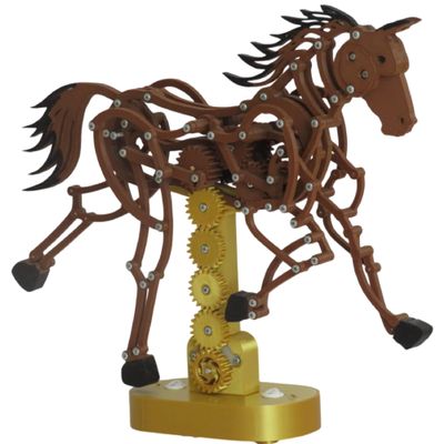 Mechanical Horse Kinetic Sculpture, Desktop Art Piece with Moving Gears, Brown and Gold