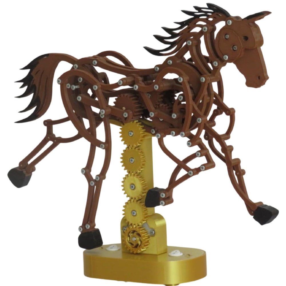 Mechanical Horse Kinetic Sculpture, Desktop Art Piece with Moving Gears, Brown and Gold