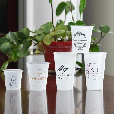 100 Custom Disposable Cups,Personalized Frosted Plastic Reusable Party Cups,Customized Party Modern Wedding Party Bridal Shower Cups (12oz)