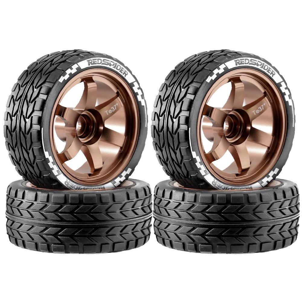 1/10 RC On Road Tyres set aluminum Wheel RC On-Road grip tires 12mm HEX For 1:10 RC On-Road Car Compatible RC Electric Motorhome, R400 (Bronze)