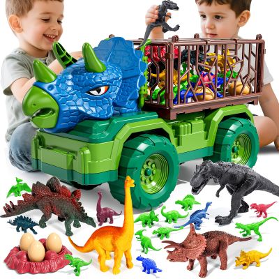 Guminnara 22 in 1 Triceratops Dinosaur Truck Toys for Kids Boys Ages 3-5-7 4-8, Dino Carrier Truck with 18 Jurassic Dino Figures, 3 Dinosaur Eggs, 3 4 5 6 7 8 Year Old Toddler Boy Girl Birthday Gifts