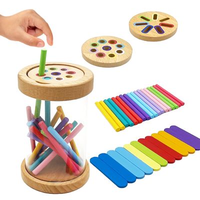 Cylazo Montessori Wooden Stick Color Sorting Toys for 3 Year Old, Dual Play Educational Preschool Learning Fine Motor Skills Sensory Toys for Toddlers 3-5 Girl Boy Birthday Gifts (Acrylic Bucket)