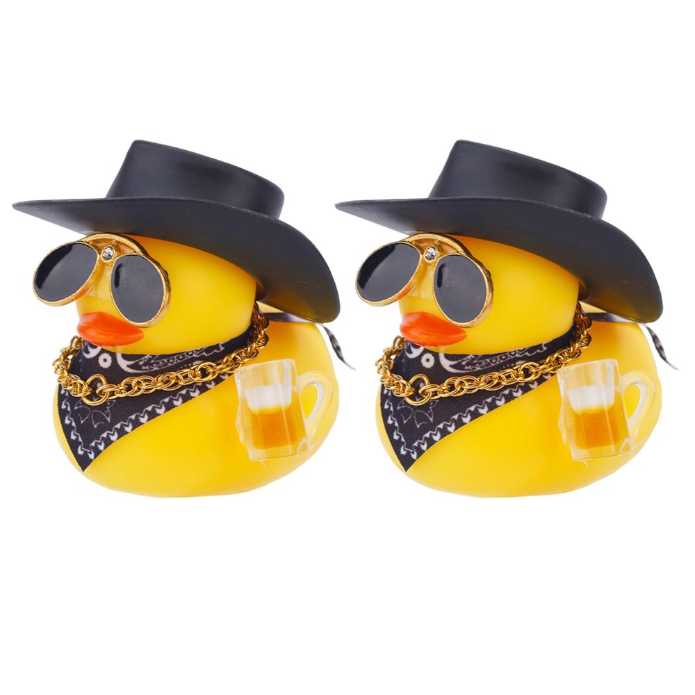 BOXOB 2pcs Rubber Beer Duck Car Ornaments, Cool Western Cowboy Ducks with Hat Sunglasses Scarf Yellow Rubber Ducky Car Dashboard Decorations Funny Accessories for Cars Decors, Cute Office Gifts