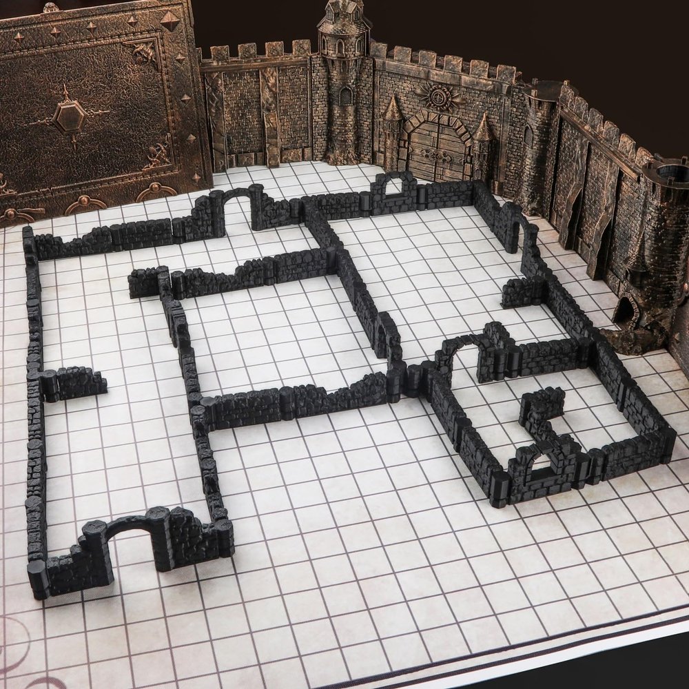 60 Piece Hinged Modular Dungeon Terrain Set. Black Stone Walls. Tabletop Gaming Accessories for D&D and Pathfinder