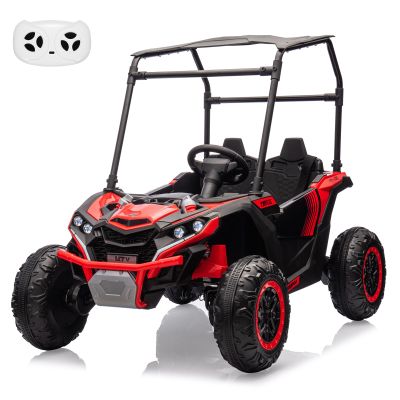 24V Kids Ride On UTV, 2 Seater 4WD Electric Truck with Sun Shade, Remote Control, Led Lights, 4 Shock Absorbers,3 Speeds,Horn, and Music Player for Gift,Red