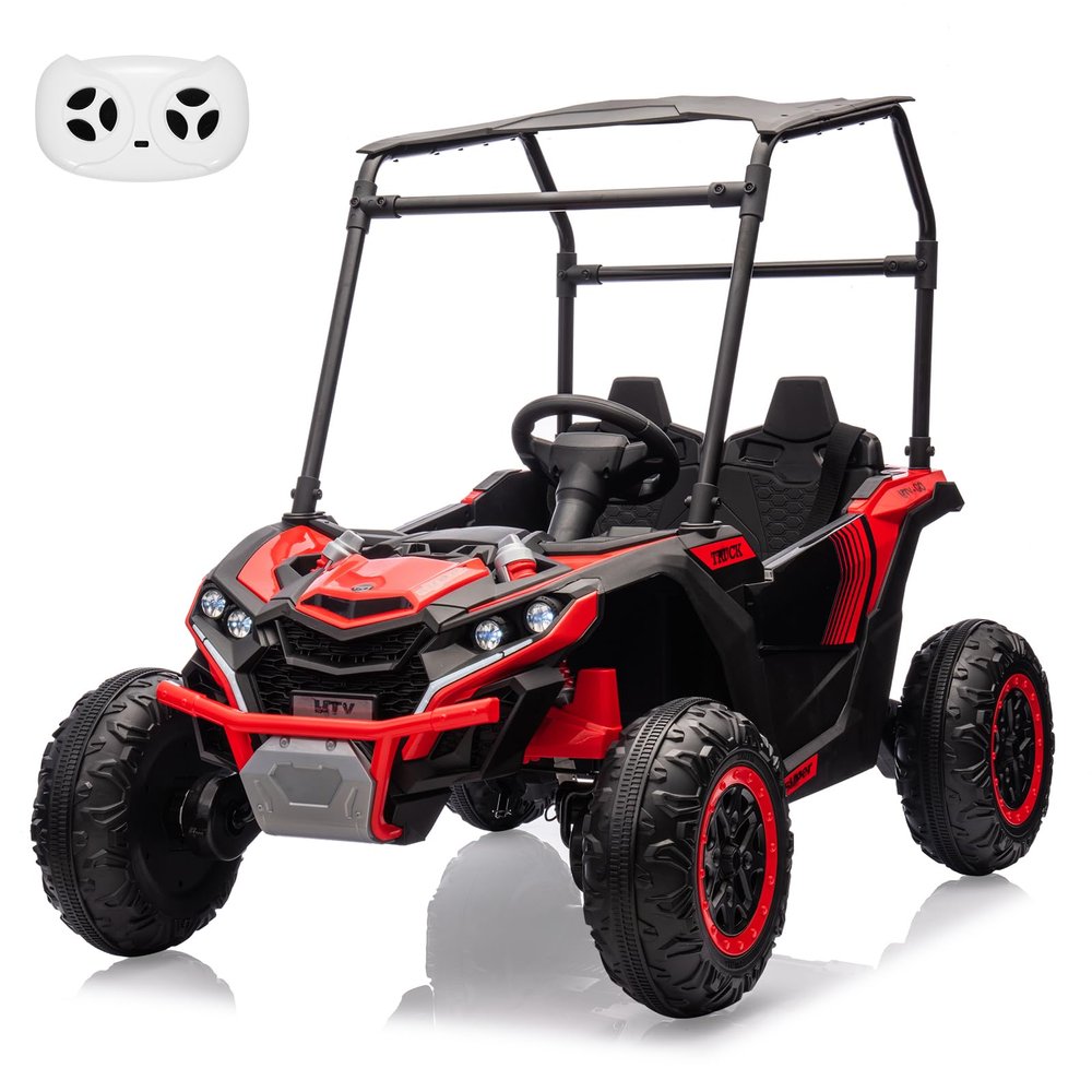 24V Kids Ride On UTV, 2 Seater 4WD Electric Truck with Sun Shade, Remote Control, Led Lights, 4 Shock Absorbers,3 Speeds,Horn, and Music Player for Gift,Red