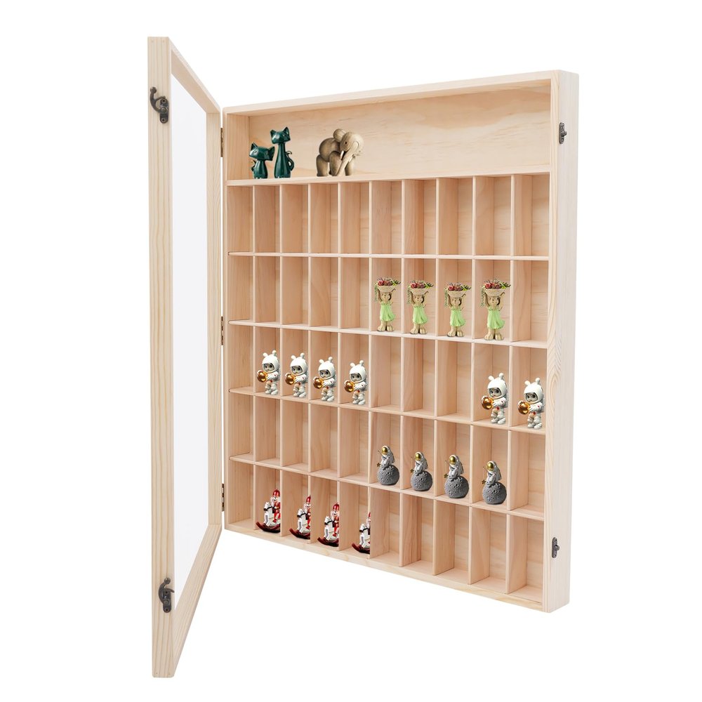 23x24 Wall Mount Wooden Display Shelves Rack for Action Figures - 50 Small Compartments, Acrylic Door, Pine Wood Shelf for Collectibles, Toys, Mini POPs - Dust-Proof Wall Storage & Home Decor