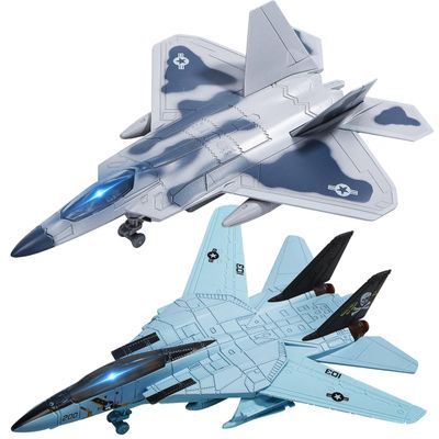 Double Fighter Jet Toy, F14 & F22 Diecast Planes with Lights & Sounds, Pull Back Military Airplane Toy Gift for Toddler,Kids, Boys