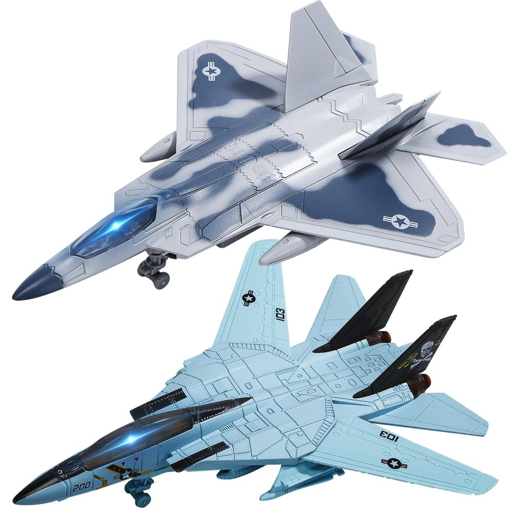 Double Fighter Jet Toy, F14 & F22 Diecast Planes with Lights & Sounds, Pull Back Military Airplane Toy Gift for Toddler,Kids, Boys