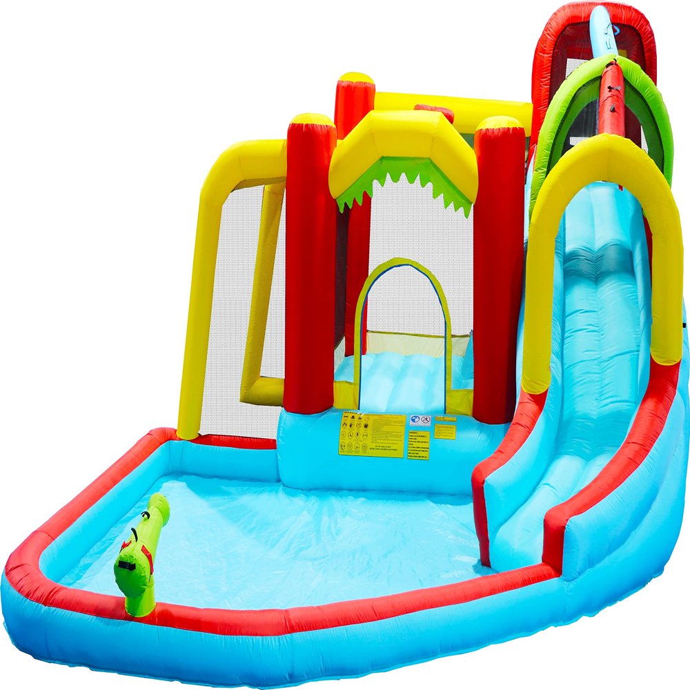 7-in-1 Inflatable Slide Water Park Bounce House Outdoor Football Garden Bouncer with Splash Pool&Water Gun&Climbing Wall&Basketball&Football