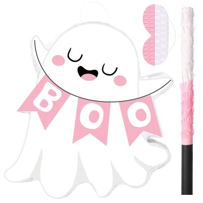Aoriher Ghost Piata Pink Halloween Piata White Pink Ghost Party Piata with Bat Stick Blindfold Mask Confetti for Halloween Holiday Theme Festival Birthday Party Supplies Decoration (Boo)