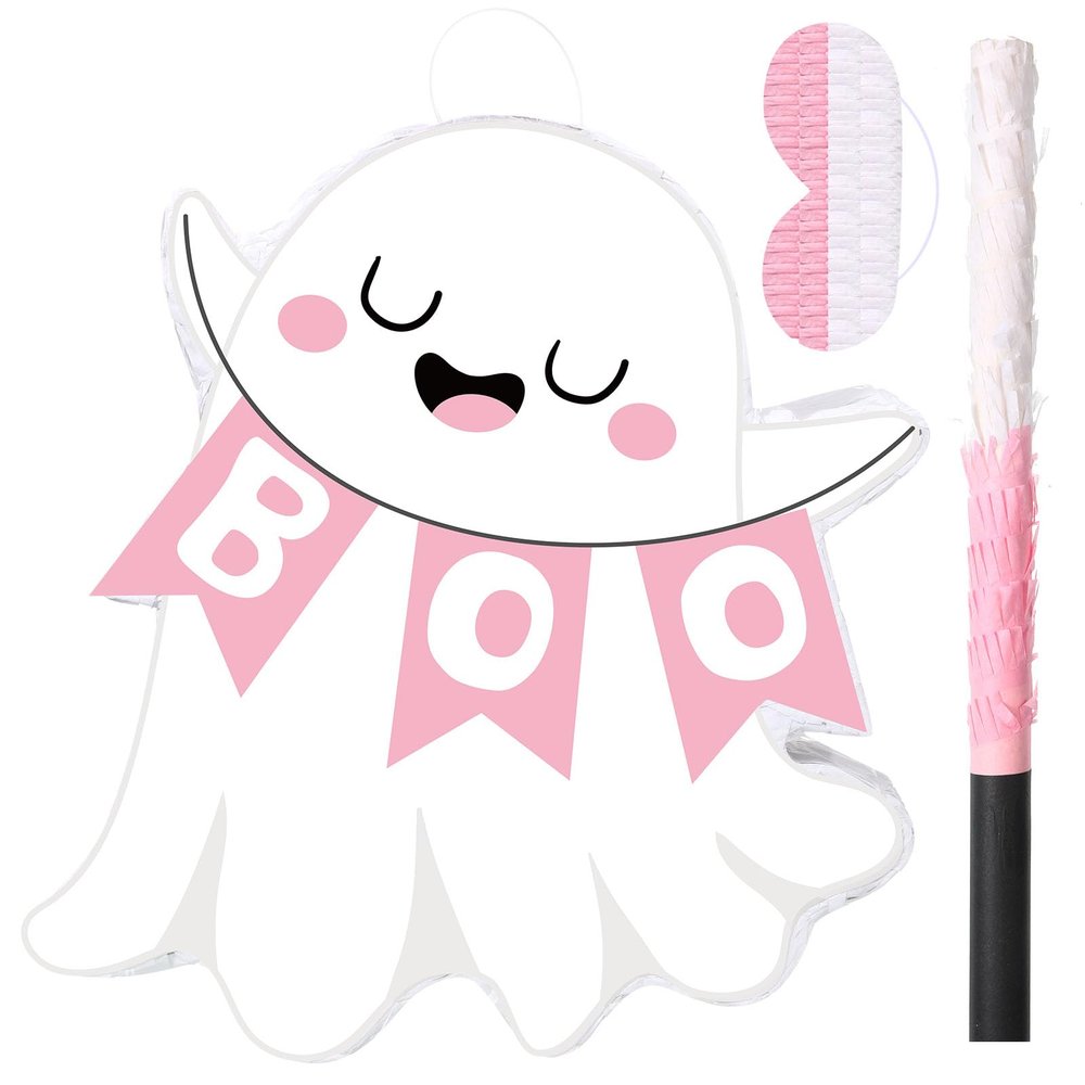 Aoriher Ghost Piata Pink Halloween Piata White Pink Ghost Party Piata with Bat Stick Blindfold Mask Confetti for Halloween Holiday Theme Festival Birthday Party Supplies Decoration (Boo)