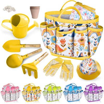 Kids Gardening Tool Set 18PCS Kids Toddler Gardening Set Includes Tote Bag Watering Can Apron Hat Rake Shovel Spoon Gloves Plant Pots and Labels, Outdoor Toys Gift for Boys Girls (Yellow)