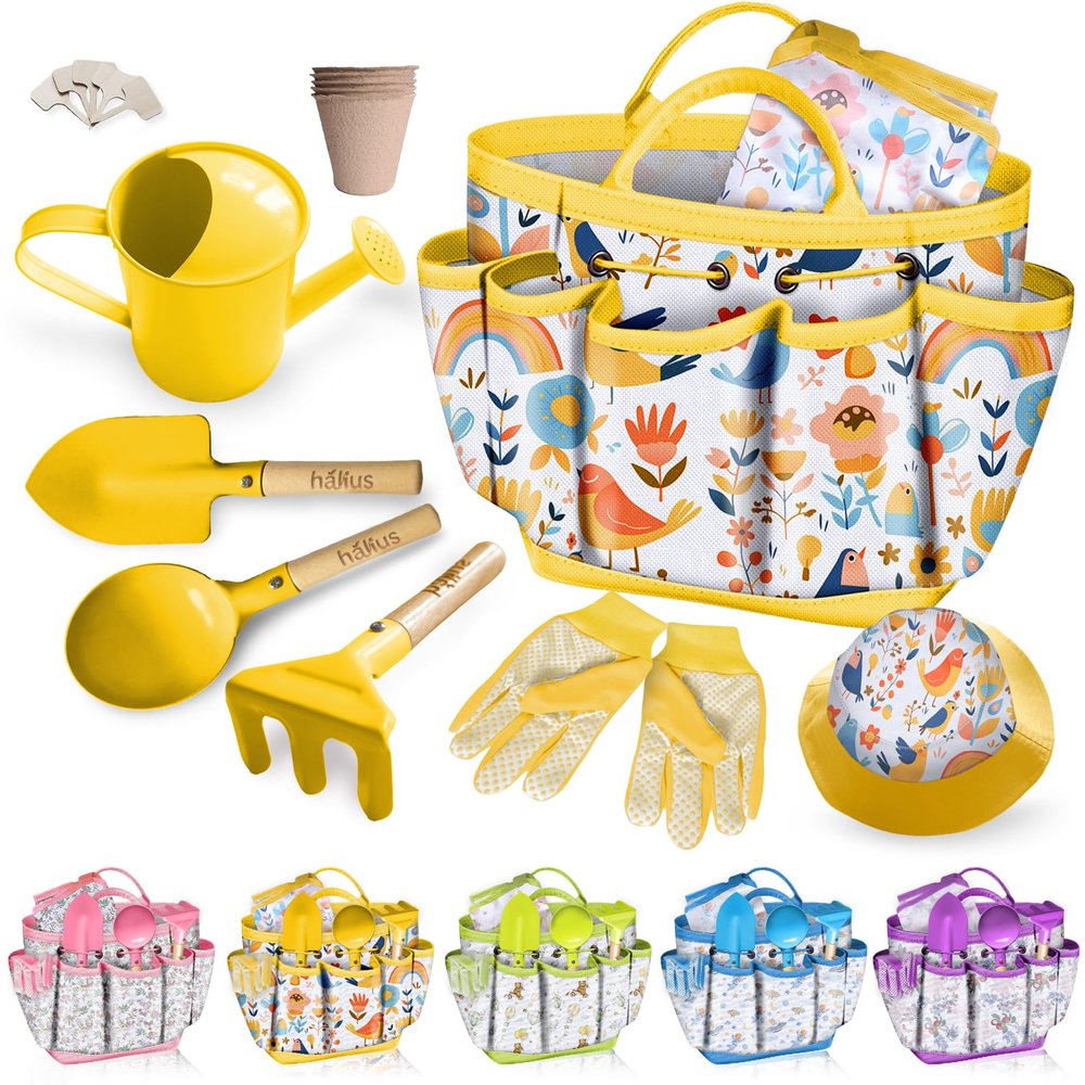 Kids Gardening Tool Set 18PCS Kids Toddler Gardening Set Includes Tote Bag Watering Can Apron Hat Rake Shovel Spoon Gloves Plant Pots and Labels, Outdoor Toys Gift for Boys Girls (Yellow)