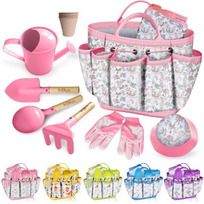 Kids Gardening Tool Set 18PCS Kids Toddler Gardening Set Includes Tote Bag Watering Can Apron Hat Rake Shovel Spoon Gloves Plant Pots and Labels, Outdoor Toys Gift for Boys Girls (Pink)