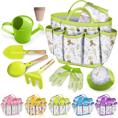 Kids Gardening Tool Set 18PCS Kids Toddler Gardening Set Includes Tote Bag Watering Can Apron Hat Rake Shovel Spoon Gloves Plant Pots and Labels, Outdoor Toys Gift for Boys Girls (Green)