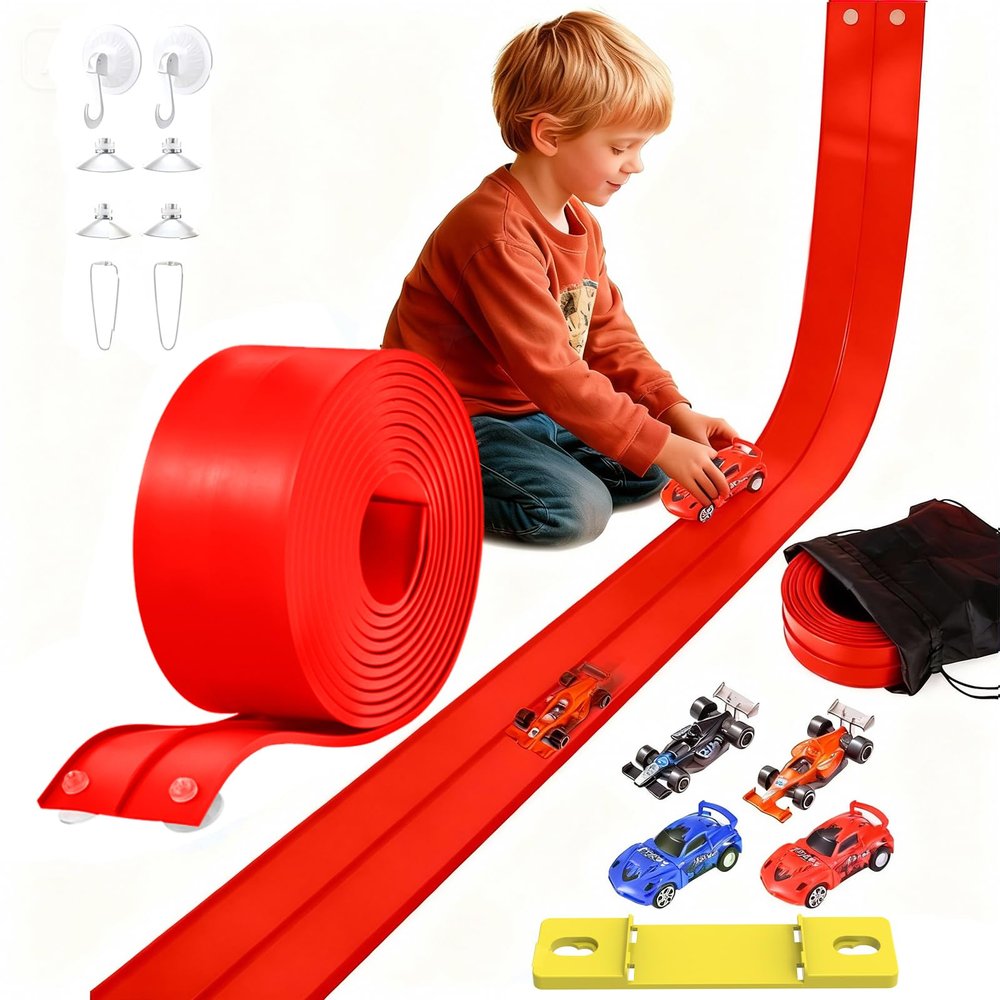 Flexible Race Track Toys for Kids: 20 Ft Flex Race Car Ramp Track with Suction Cups - Rolls Up Portable DIY Racetrack with 4 Racing Cars- Birthday Gifts for Boys Girls Ages 3+