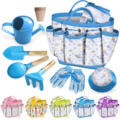 Kids Gardening Tool Set 18PCS Kids Toddler Gardening Set Includes Tote Bag Watering Can Apron Hat Rake Shovel Spoon Gloves Plant Pots and Labels, Outdoor Toys Gift for Boys Girls (Blue)