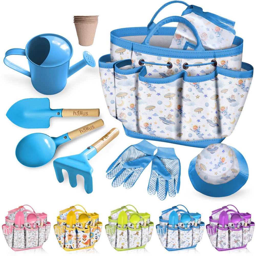 Kids Gardening Tool Set 18PCS Kids Toddler Gardening Set Includes Tote Bag Watering Can Apron Hat Rake Shovel Spoon Gloves Plant Pots and Labels, Outdoor Toys Gift for Boys Girls (Blue)