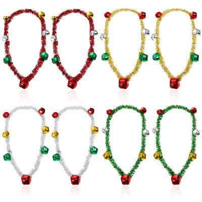 Civaner 12 Pcs Christmas Jingle Bells Necklaces Christmas Tinsel Necklaces Accessories Red Green White Yellow Ribbons Ornament Party Accessories Supplies for Adults Xmas Holiday Jewelry Gift