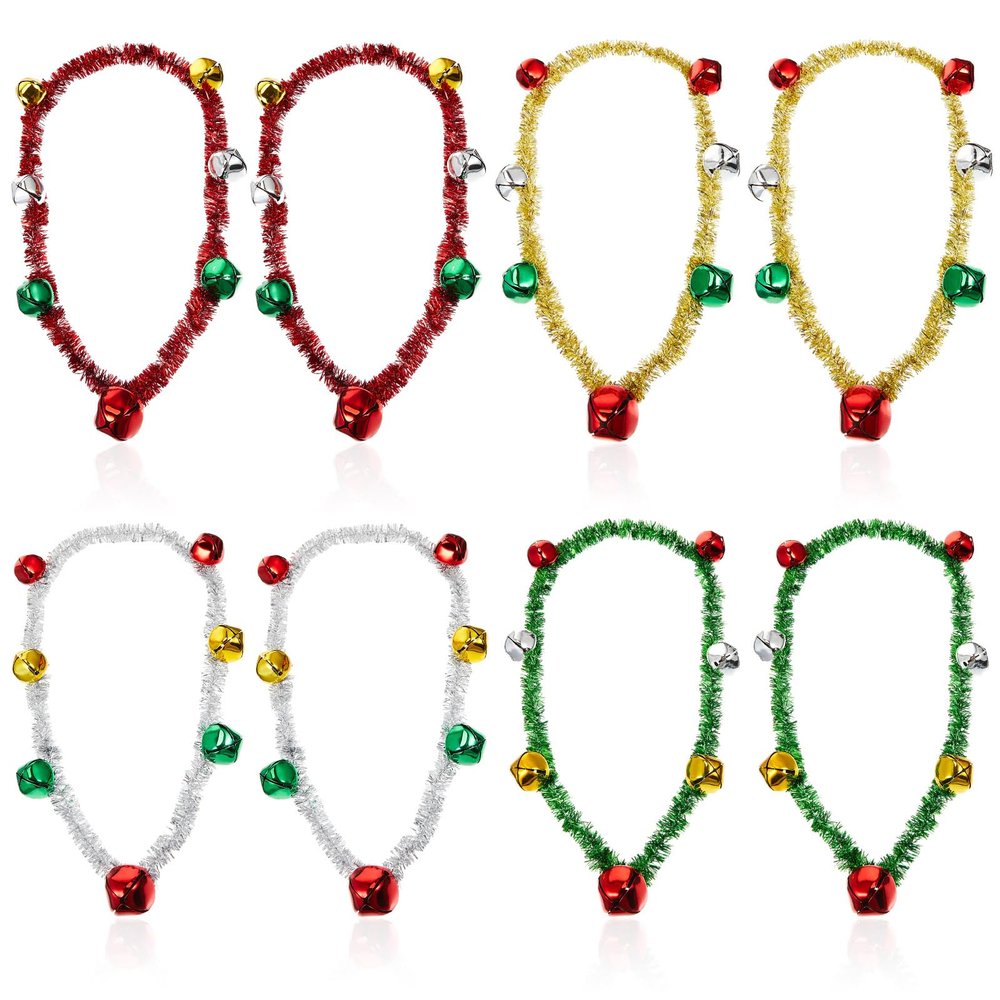 Civaner 12 Pcs Christmas Jingle Bells Necklaces Christmas Tinsel Necklaces Accessories Red Green White Yellow Ribbons Ornament Party Accessories Supplies for Adults Xmas Holiday Jewelry Gift