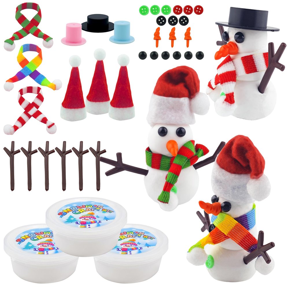 3 Pack Snowman Kits,Fun Build a Snowman Craft for Kids Gifts Winter Family Activity, Christmas Making Snowmen Kit with 3 Scarves, 3 Santa Hats