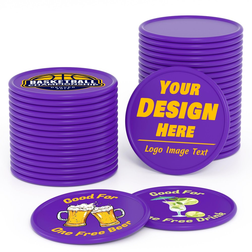 200-1000 Custom Plastic Poker Chips, Drink Token Chips Personalized Double Sided Full Color Printing with Logo Image Text, Custom Tokens for Bar, Party, Business Cards and Promotions (Purple)