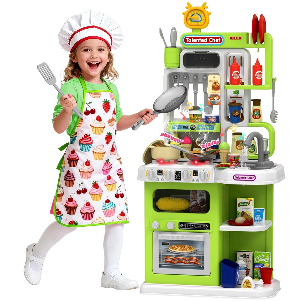DRAMATION Kids Kitchen Playset, 36.22'' Play Kitchen for Toddlers 1-3 with Steam, Sound & Light, Cooking Stove, Play Sink, Oven and Toy Kitchen Accessories, Kitchen Set for Boys Girls 3 4 5 (Green)