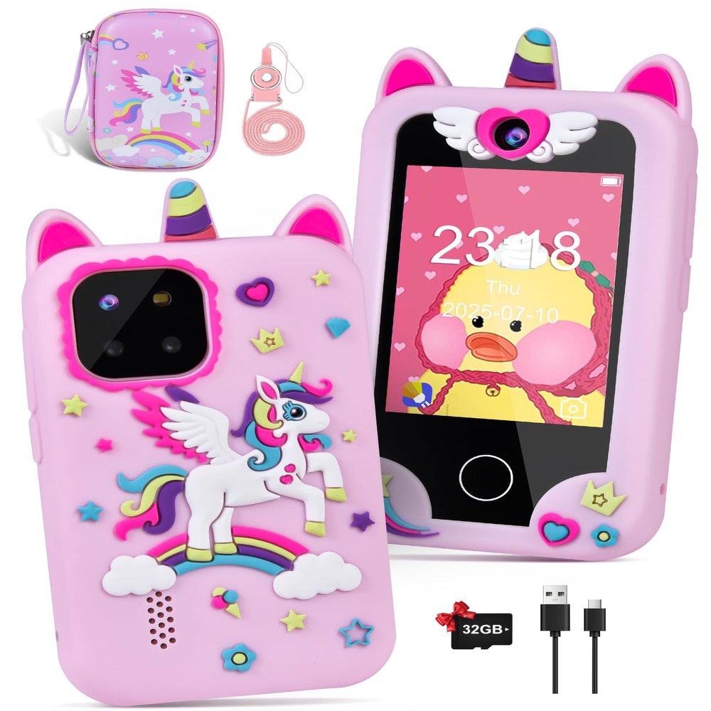 Kids Phone for Girl Toys, Christmas Birthday Gift for Girls Age 3-10, Toddler Learning Toys Phones, 2.8" Touchscreen Kids Smart Phone with Dual Camera, Game, MP3 Player, 32GB Card & Unicorn Bag Pink
