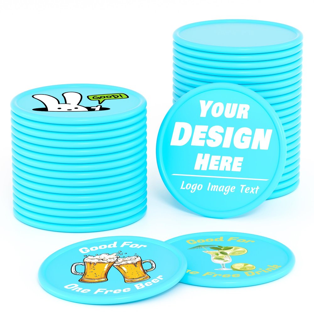 200-1000 Custom Plastic Poker Chips, Drink Token Chips Personalized Double Sided Full Color Printing with Logo Image Text, Custom Tokens for Bar, Party, Business Cards and Promotions (Light Blue)