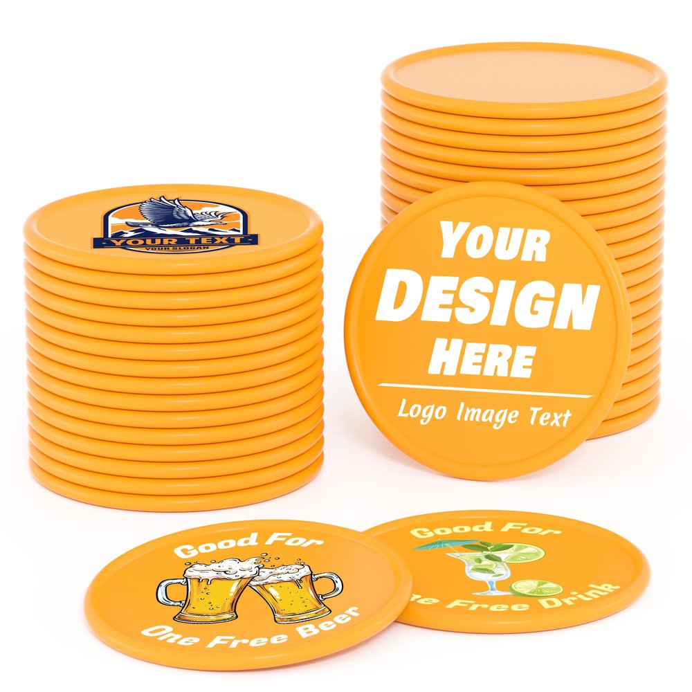200-1000 Custom Plastic Poker Chips, Drink Token Chips Personalized Double Sided Full Color Printing with Logo Image Text, Custom Tokens for Bar, Party, Business Cards and Promotions (Orange)