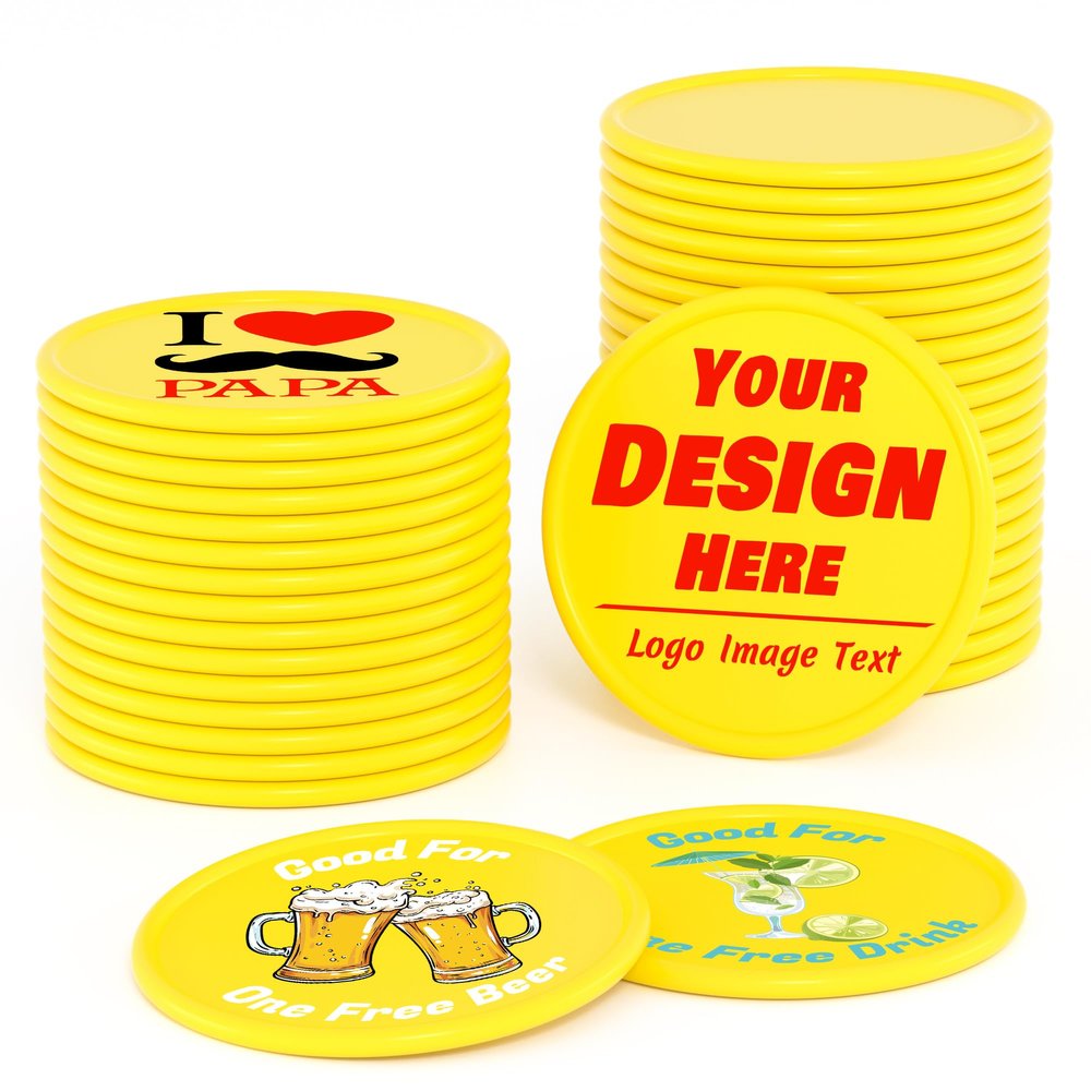 200-1000 Custom Plastic Poker Chips, Drink Token Chips Personalized Double Sided Full Color Printing with Logo Image Text, Custom Tokens for Bar, Party, Business Cards and Promotions (Yellow)