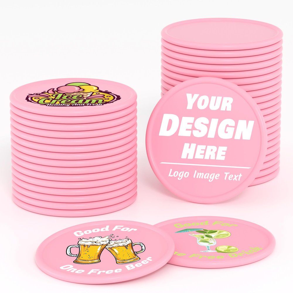 200-1000 Custom Plastic Poker Chips, Drink Token Chips Personalized Double Sided Full Color Printing with Logo Image Text, Custom Tokens for Bar, Party, Business Cards and Promotions (Pink)