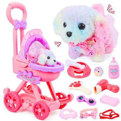 Learn2M 13Pcs Dog Toys for Kids Girls, Pretend Puppy Stroller Playset for Toddler, Electronic Interactive Walking Barking Dog Toy, Pet Care & Feeding Accessories Birthday Gifts for Little Girl 3 4 5 6