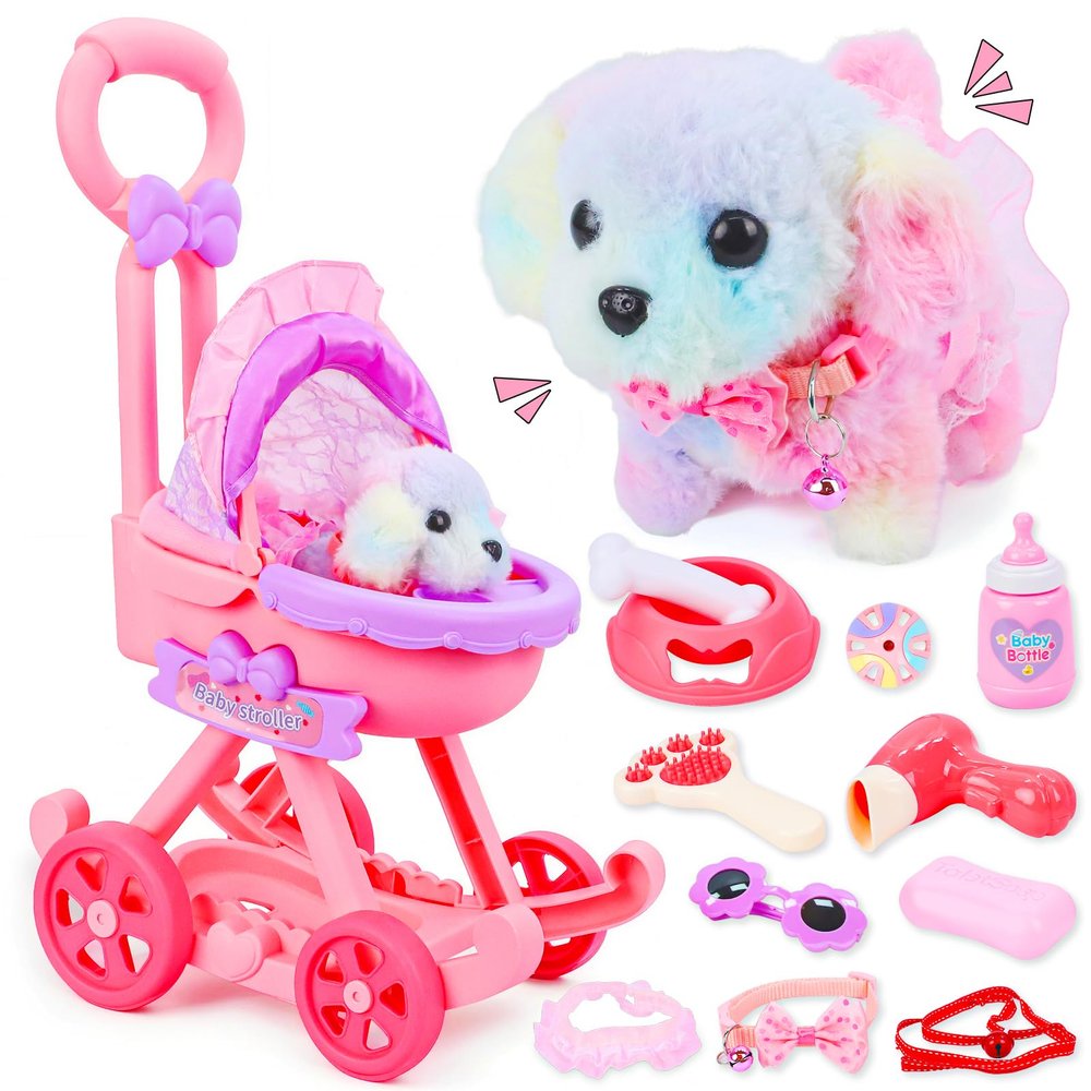 Learn2M 13Pcs Dog Toys for Kids Girls, Pretend Puppy Stroller Playset for Toddler, Electronic Interactive Walking Barking Dog Toy, Pet Care & Feeding Accessories Birthday Gifts for Little Girl 3 4 5 6