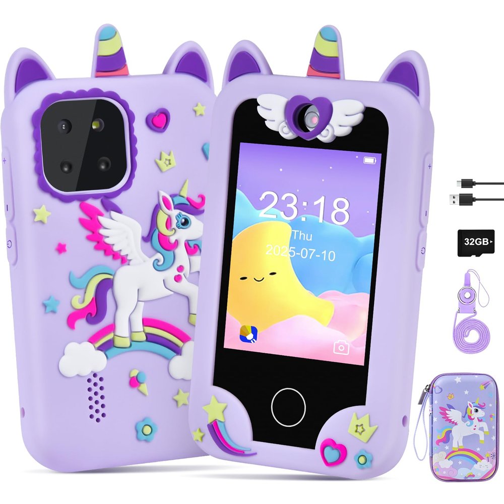 Jusvenmt Kids Smart Phone for Girls, Kids Camera Toy Phone for Ages 3 4 5 6 8 Year Old, Christmas Birthday Gifts Toddler Cell Phone with Touchscreen, 44 Games, Music Player, 32GB Card & Bag Purple