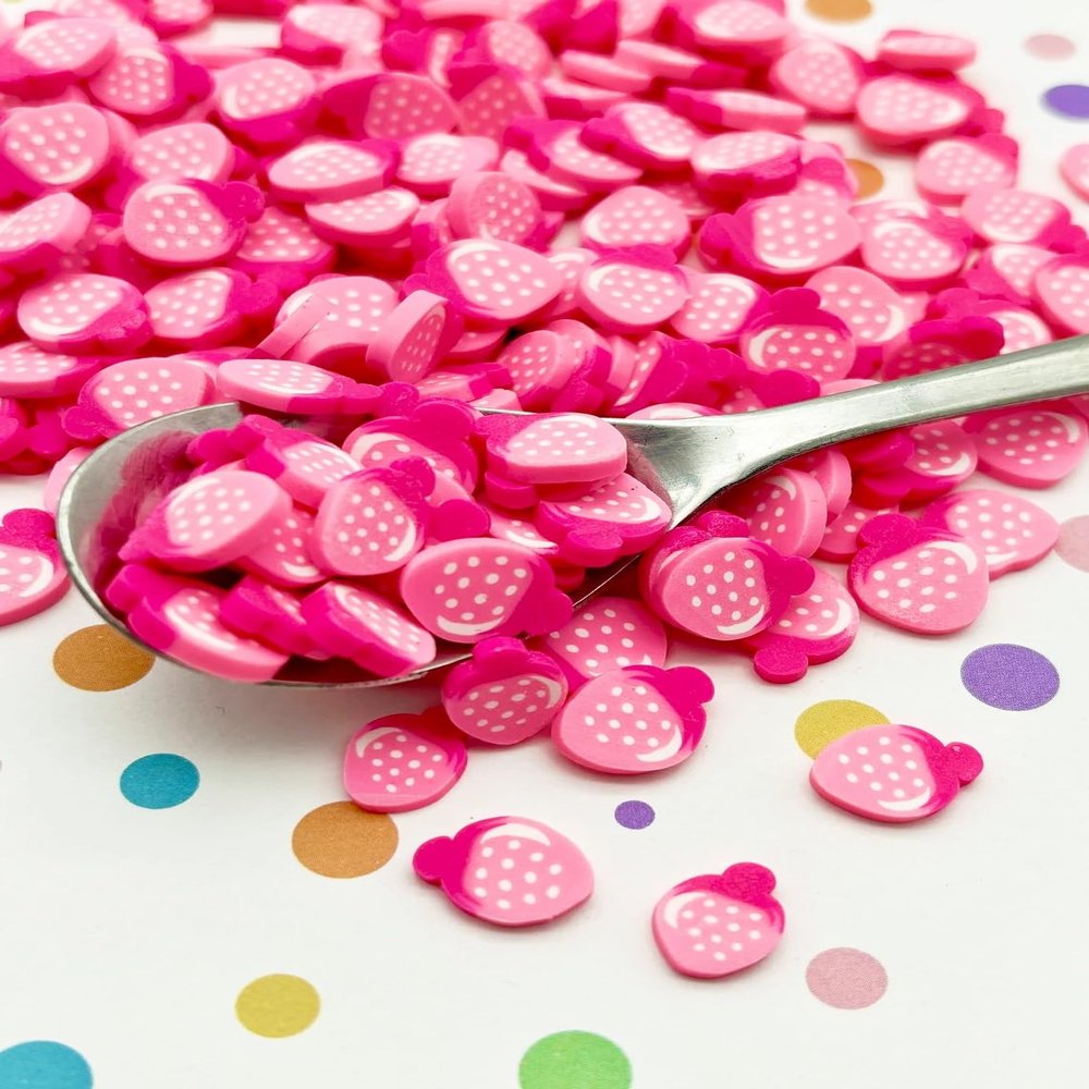 Large Pink Strawberry Polymer Clay Sprinkles, Inedible Fruit Slice for Nail Art, Faux Miniature Fruit for Crafts (15 gram Bag)
