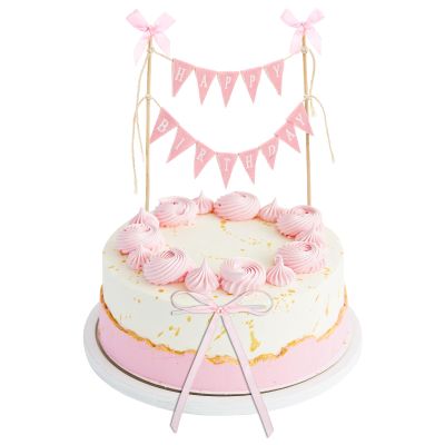 11 Pcs Bow Ribbon Cake Topper Happy Birthday Cake Topper Banner Happy Birthday Cakes Bunting Toppers with Wood Pole Handmade Pennant Flags with Bow Ribbon for Donut Cakes Cupcakes (Pink)