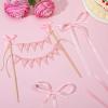 11 Pcs Bow Ribbon Cake Topper Happy Birthday Cake Topper Banner Happy Birthday Cakes Bunting Toppers with Wood Pole Handmade Pennant Flags with Bow Ribbon for Donut Cakes Cupcakes (Pink) view 3