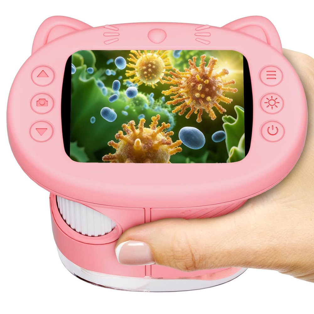 2.4" Screen Pocket Kids Microscope: 1000X Handheld Microscope for Photo and Video - Portable Science Kits STEM Toys  Christmas/Birthday Gifts for Girls & Boys Ages 3-12(Pink)
